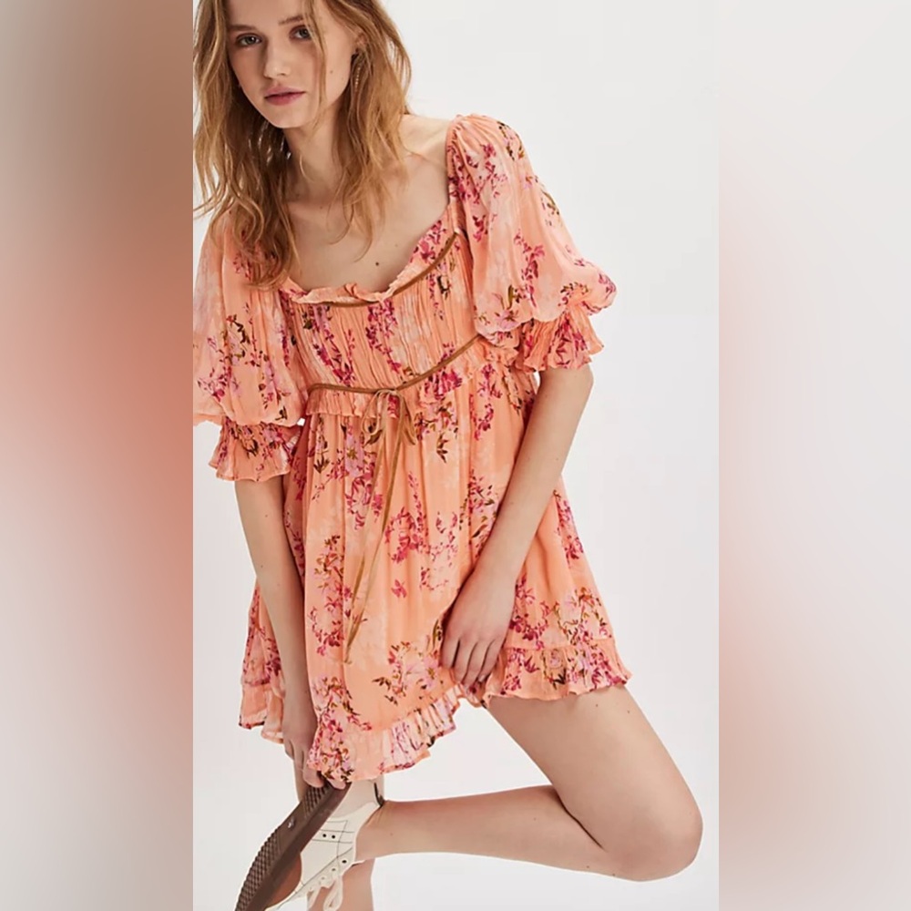 Free People Floral Marney Mini Dress NWOT Size S Peach Combo